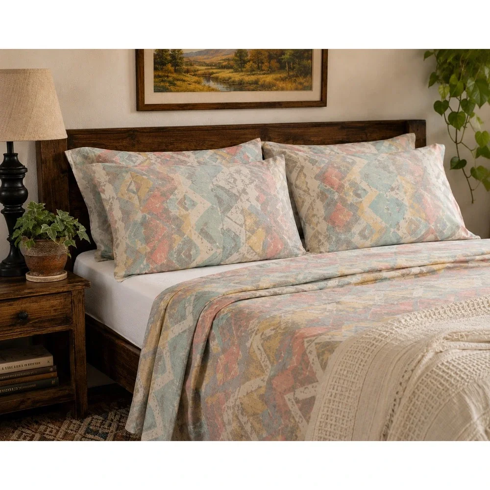 Vtg Cannon Sheet Pillowcase Set Queen Multicolor 80s Geometric Pastel Percale